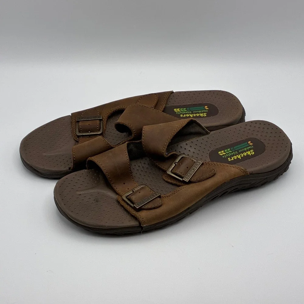 Skechers Reggae Jammin Sandals Mens 9 Brown Good Leather Outdoor Buckle 46795
